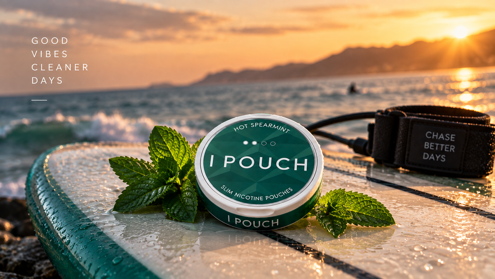 Hot Spearmint IPOUCH beside surfing equipment